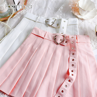 Cute Preppy Summer Pleated Heart Shape Belt High Waist Mini Skirt Bottom E-Girl Kawaii Korean Japanese Harajuku Chinese Retro Streetwear Aesthetic - Thumbnail 1
