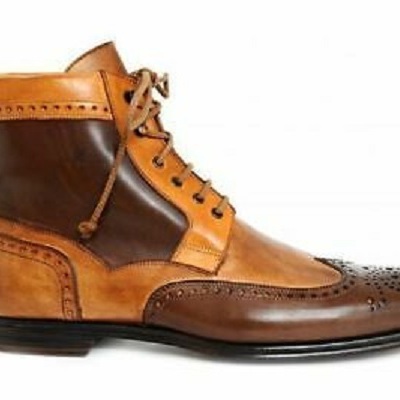 Two tone tan brown brouging high ankle men lace up premium quality leather boots - Thumbnail 3