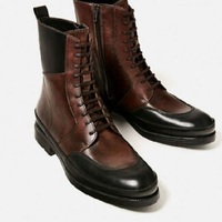 Premium Brown Black Leather High Ankle Men Burnished Rounded Toe Lace Up Boots - Thumbnail 1