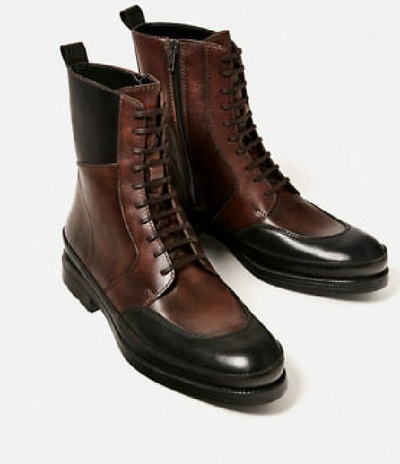 Premium Brown Black Leather High Ankle Men Burnished Rounded Toe Lace Up Boots