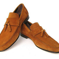 Men's Tan Color Tassel Loafer Slip Ons Genuine Suede Leather Formal Dress Shoes - Thumbnail 1