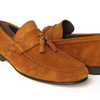 Men's Tan Color Tassel Loafer Slip Ons Genuine Suede Leather Formal Dress Shoes - Thumbnail 2