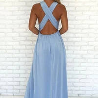 A-Line V Neck Criss Cross Light Blue Chiffon Long Prom Dresses with Split, Formal Dresses - Thumbnail 1