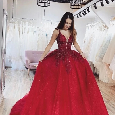 Burgundy ball gown v neck spaghetti straps tulle prom dresses with appliques - Thumbnail 4