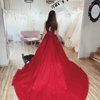 Burgundy Ball Gown V neck Spaghetti Straps Tulle Prom Dresses with Appliques - Thumbnail 1