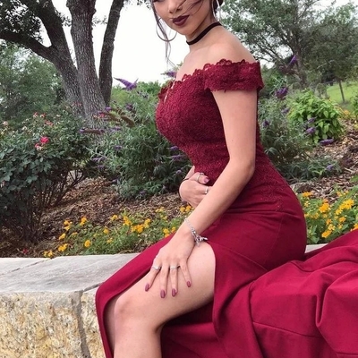 Mermaid off the shoulder burgundy prom dresses with slit, lace appliques evening dress
