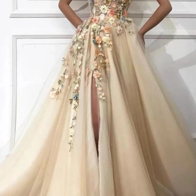 A line one shoulder v neck 3d flowers prom dresses, tulle sleeveless evening dresses