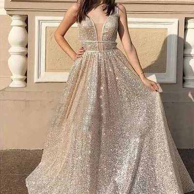 Modest sparkly a line v neck long prom dresses, evening dresses - Thumbnail 4