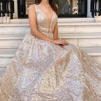 Modest Sparkly A Line V Neck Long Prom Dresses, Evening Dresses - Thumbnail 1