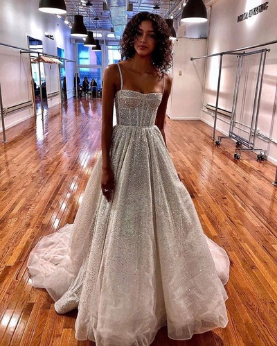 Sparkly Straps Long Wedding Dresses Bridal Gown