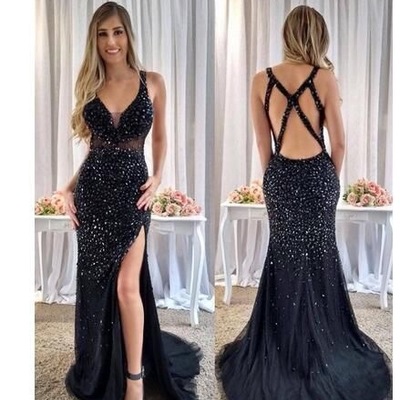 Criss cross black slit side prom dresses with beaded - Thumbnail 3