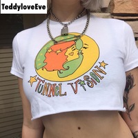 Cute White Girl Cartoon Moon Star Casual Crop Short Sleeve Shirt Tee T-shirt E-Girl Kawaii Korean Japanese Harajuku Chinese Retro Streetwear Aesthetic - Thumbnail 4