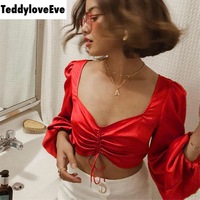 Cute Sexy Red Chiffon Low Cut Crop Top Long Sleeve Shirt Tee T-shirt E-Girl Kawaii Korean Japanese Harajuku Chinese Retro Streetwear Aesthetic - Thumbnail 4
