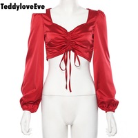 Cute Sexy Red Chiffon Low Cut Crop Top Long Sleeve Shirt Tee T-shirt E-Girl Kawaii Korean Japanese Harajuku Chinese Retro Streetwear Aesthetic - Thumbnail 3