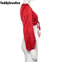 Cute Sexy Red Chiffon Low Cut Crop Top Long Sleeve Shirt Tee T-shirt E-Girl Kawaii Korean Japanese Harajuku Chinese Retro Streetwear Aesthetic - Thumbnail 5