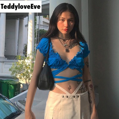 Cute Sexy Solid Color Bandage Cross Tie Up Crop Top Shirt Tee T-shirt E-Girl Kawaii Korean Japanese Harajuku Chinese Retro Streetwear Aesthetic