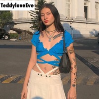 Cute Sexy Solid Color Bandage Cross Tie Up Crop Top Shirt Tee T-shirt E-Girl Kawaii Korean Japanese Harajuku Chinese Retro Streetwear Aesthetic - Thumbnail 4