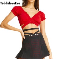 Cute Sexy Solid Color Bandage Cross Tie Up Crop Top Shirt Tee T-shirt E-Girl Kawaii Korean Japanese Harajuku Chinese Retro Streetwear Aesthetic - Thumbnail 5