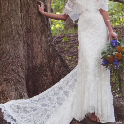 Boho off-shoulder sheath scalloped lace wedding dress with long train,608