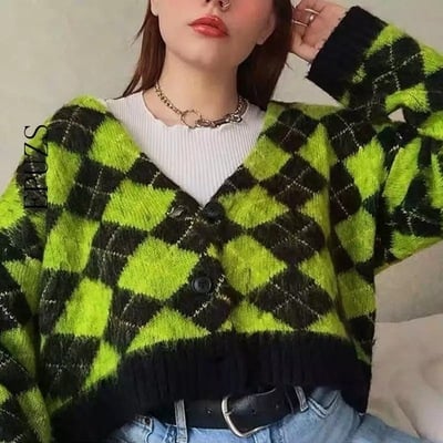 Cute Checkered Vintage Knit Cardigan Sweater Top Shirt Winter Autumn E-Girl Kawaii Korean Japanese Harajuku Chinese Retro Streetwear