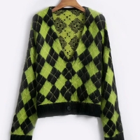 Cute Checkered Vintage Knit Cardigan Sweater Top Shirt Winter Autumn E-Girl Kawaii Korean Japanese Harajuku Chinese Retro Streetwear - Thumbnail 1