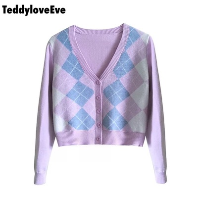 Cute Pink Geometrical Chic Vintage Knit Cardigan Sweater Top Shirt Winter Autumn E-Girl Kawaii Korean Japanese Harajuku Chinese Retro Streetwear