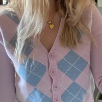 Cute Pink Geometrical Chic Vintage Knit Cardigan Sweater Top Shirt Winter Autumn E-Girl Kawaii Korean Japanese Harajuku Chinese Retro Streetwear - Thumbnail 5