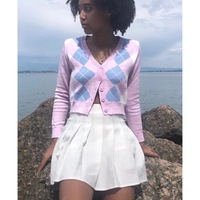 Cute Pink Geometrical Chic Vintage Knit Cardigan Sweater Top Shirt Winter Autumn E-Girl Kawaii Korean Japanese Harajuku Chinese Retro Streetwear - Thumbnail 6