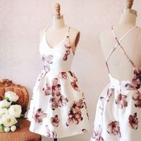 Cute A Line V Neck Floral Printed Satin Hoco Dresses - Thumbnail 1