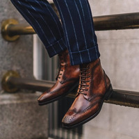 New Bespoke Men Brown Ankle High Lace up Bespoke Leather Boots - Thumbnail 4