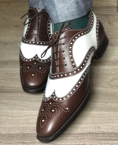 Handmade Bespoke Men White Brown Ankle Lace up Leather Shoes