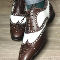 Handmade Bespoke Men White Brown Ankle Lace up Leather Shoes - Thumbnail 1