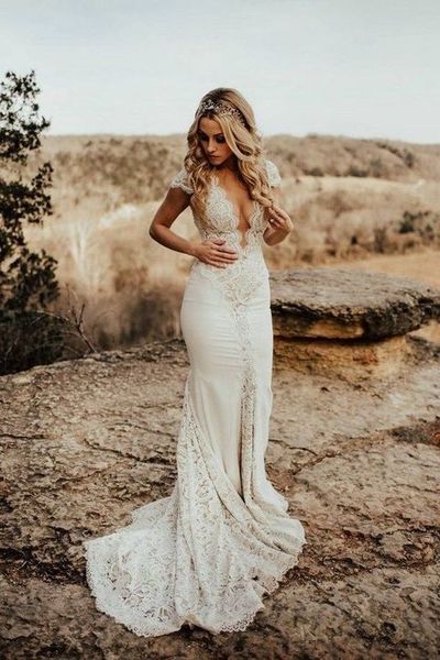 Gorgeous Country Mermaid V Neck Lace Wedding Dresses