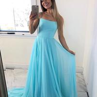 Simple Blue Chiffon Spaghetti Straps Scoop Neck Long Prom Dress, Party Dress Under 100 - Thumbnail 2