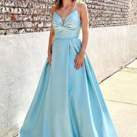 Blue Satin V Neck Long Dress, Graduation Dress, Formal Dress 2021 - Thumbnail 1