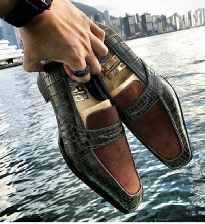 Handmade two tone crocodile shoes, alligator texture shoes men, leather shoe men