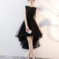 Black tulle lace high low prom dress evening dress - Thumbnail 4