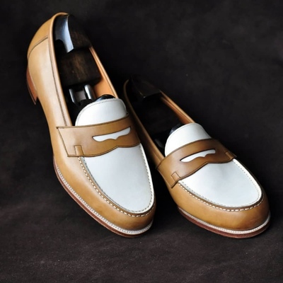 Handmade men brown white leather penny loafers, men designer dress fashion shoes