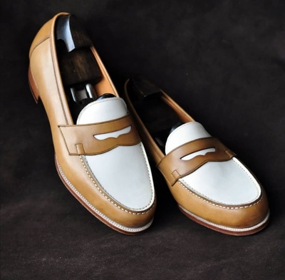 Handmade Men Brown White Leather Penny Loafers, Men Designer Dress Fashion Shoes