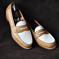 Handmade Men Brown White Leather Penny Loafers, Men Designer Dress Fashion Shoes - Thumbnail 4