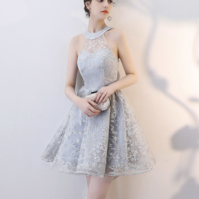 Gray halter tulle short prom dress cocktail dress - Thumbnail 4
