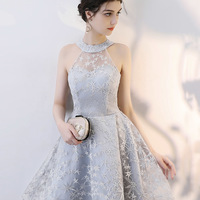 Gray halter tulle short prom dress cocktail dress - Thumbnail 1