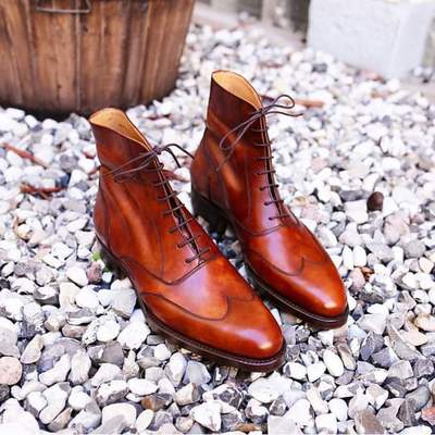 Handmade leather wingtip ankle high boots for men, custom made boots for men - Thumbnail 1