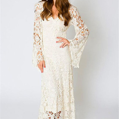 Boho wedding dress, lace wedding dress, vintage ivory lace wedding dresses with bell sleeves，609