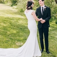 Simple Lace Mermaid Shortsleeves Chapel Train Wedding Dresses  - Thumbnail 3
