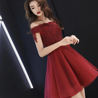 Burgundy lace short prom dress homecoming dress - Thumbnail 2