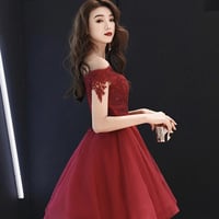 Burgundy lace short prom dress homecoming dress - Thumbnail 3