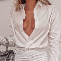 Deep V Solid Color Sexy Long Sleeve Hip Dress - Thumbnail 1