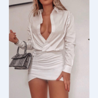 Deep V Solid Color Sexy Long Sleeve Hip Dress - Thumbnail 2