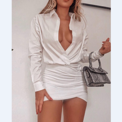 Deep V Solid Color Sexy Long Sleeve Hip Dress